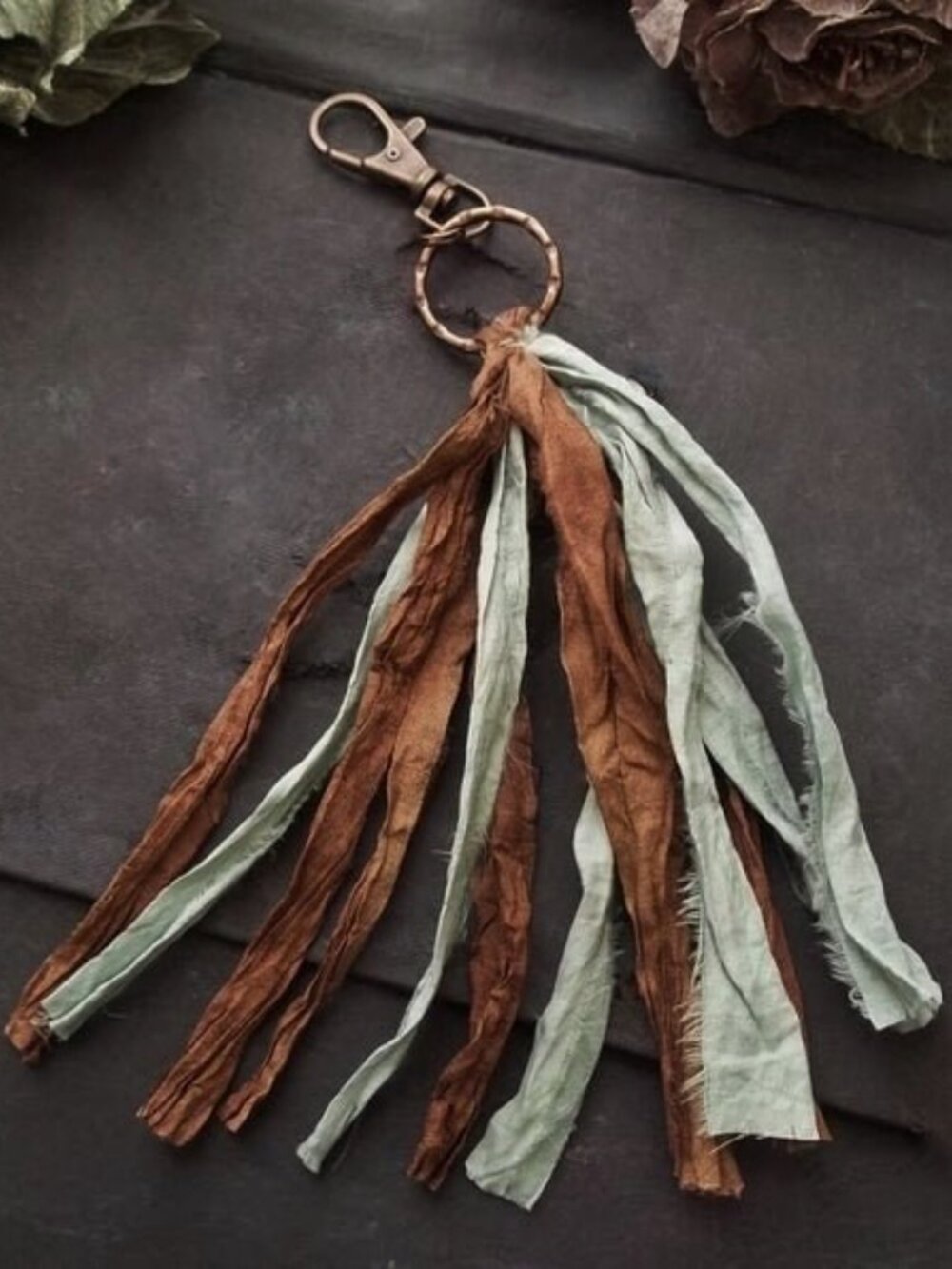Boho Sari Silk Tassel Keychain Handmade Bronze Purse Charm One Size Key Ring